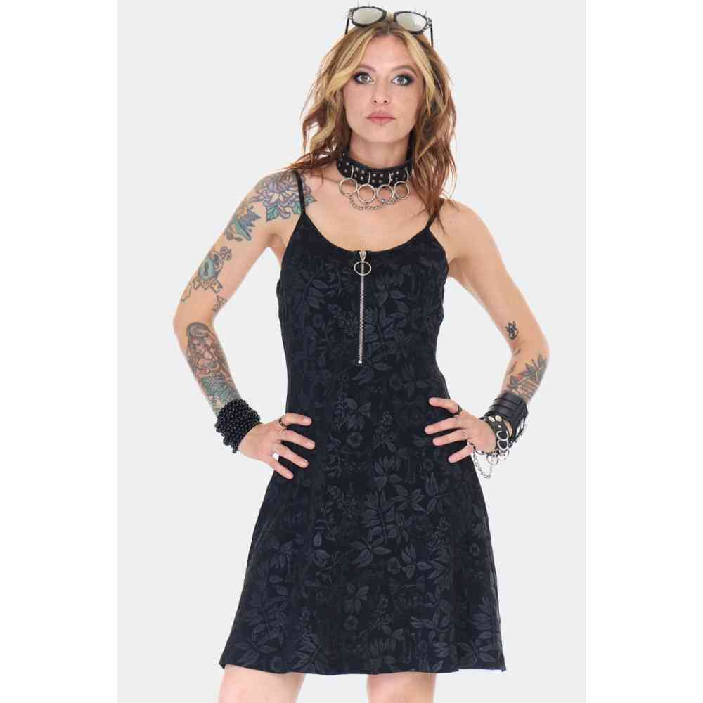 Jawbreaker - Cat Print Zip Front Mini jurk - Zwart